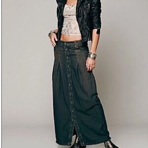 FreePeople Grey Pleated Button Front Denim Maxi Bottom Distressed Fray Skirt 26